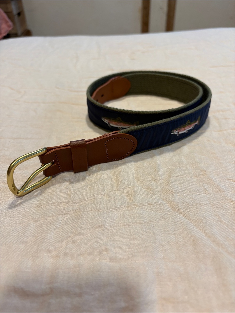 Men's Navy & Brown Embroidered Canvas Belt with Brass Buckle
